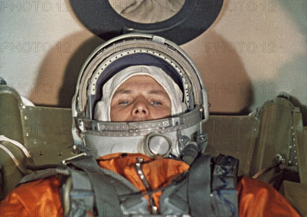 Cosmonaut yuri gagarin inside the vostok 1 space capsule just prior to his flight, 1961.