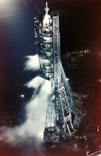 Soyuz 6 on launch pad right before blast-off, 1970.