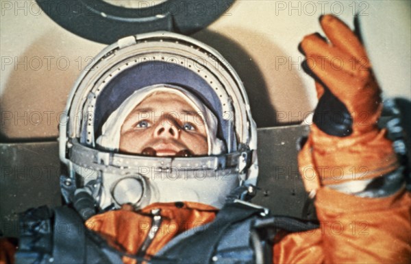 Cosmonaut yuri gagarin inside the vostok 1 space capsule just prior to his flight, 1961.