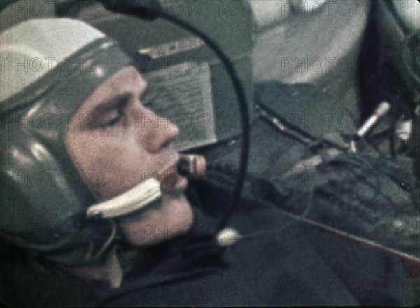 Vladimir shatalov in the cabin of the soyuz 4 orbiter, 1969.