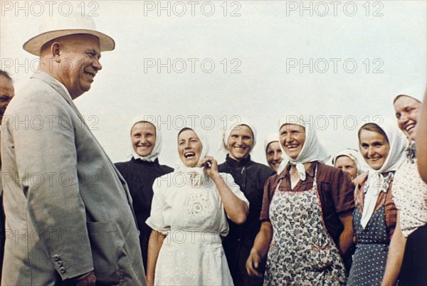 Nikita khrushchev meeting women farmers during his nation wide trip through the ussr, early 1960s.