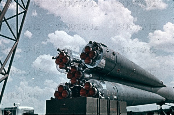 Vostok 1 rocket being prepared for launch, 1961, this is a still from a soviet film of the launch.