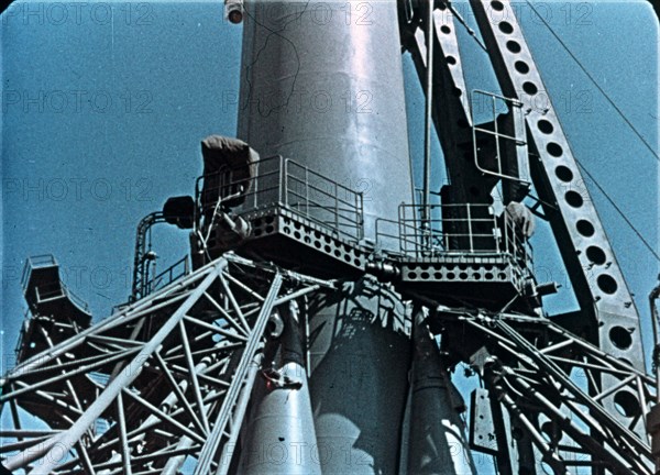 Vostok 1 rocket being prepared for launch, 1961, this is a still from a soviet film of the launch.