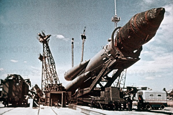 Vostok 1 rocket being prepared for launch, 1961, this is a still from a soviet film of the launch.