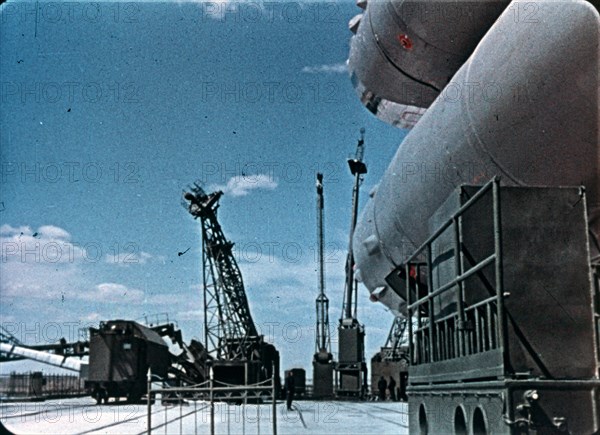 Vostok 1 rocket being prepared for launch, 1961, this is a still from a soviet film of the launch.