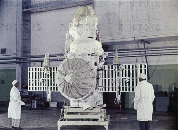 Soviet space probe venera 4 being prepared for it's flight to venus in 1967.