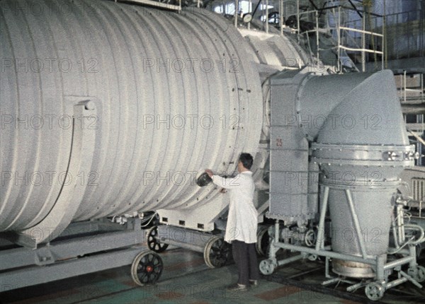 Soviet space probe venera 5 or 6 being tested in a pressure chamber, 1968, this is a still from the film 'the storming of venus', produced by e, kuzis at the tsentrnauchfilm central scientific film studio, released on may 17, 1969.