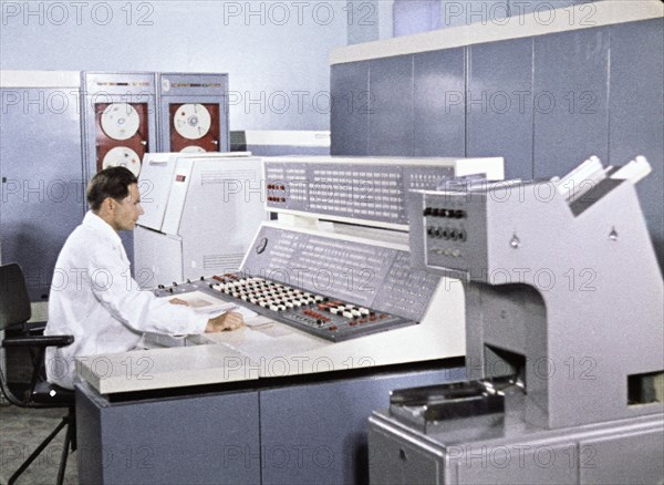 Coordinating computer center' for soviet space mission, venera 5 and 6, 1969, this is a still from the film 'the storming of venus', produced by e, kuzis at the tsentrnauchfilm central scientific film studio, released on may 17, 1969.