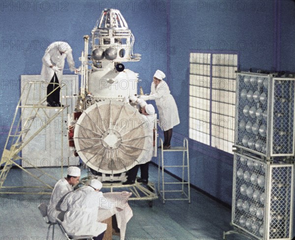 Soviet space probe venera 5 or 6 being prepared for it's launch in january 1969, this is a still from the film 'the storming of venus', produced by e, kuzis at the tsentrnauchfilm central scientific film studio, released on may 17, 1969.