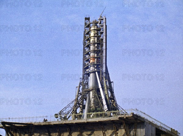 A rocket bearing the soviet space probe venera 5 or 6 prior to it's launch in january 1969, this is a still from the film 'the storming of venus', produced by e, kuzis at the tsentrnauchfilm central scientific film studio, released on may 17, 1969.