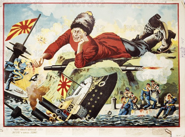 A popular russian print depicting a giant cossack sinking the japanese battleships hatsuoze and ioshina, russo-japanese war 1904.