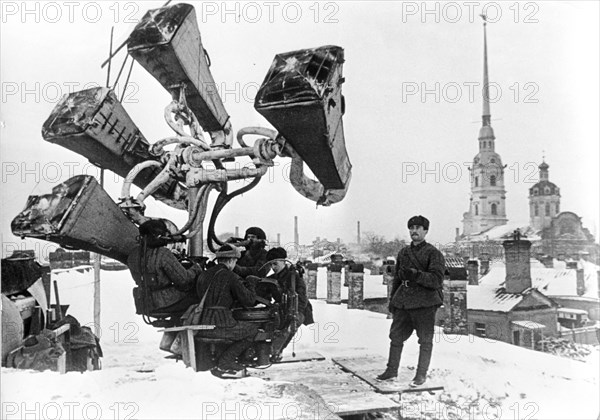 The anti-aircraft lights of a civil defence post in in the besieged leningrad in 1942.