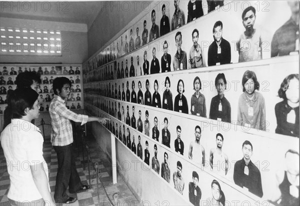 Mug shots of cambodian people murdered in the tuolsleng prison (the 'factory of death') , pnom penh by the pol pot regime, an estimated 10,000 people were killed here, kampuchea.