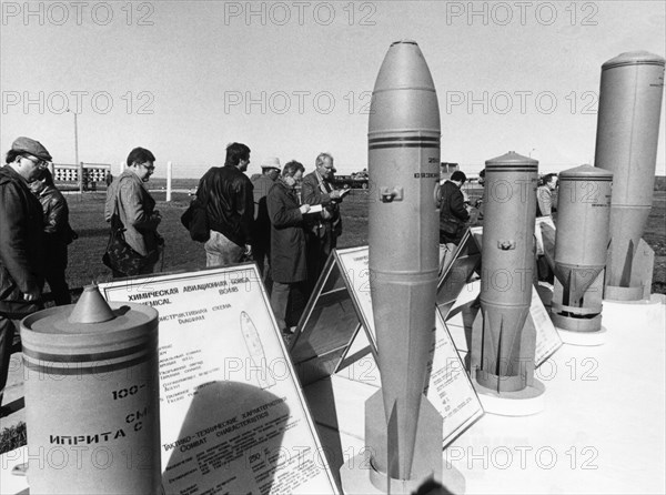 Foreign observers examine chemical weapons scheduled to be destroyed at soviet military base of shikhany, saratov region, ussr, october 4th 1987, diplomats and military experts from 45 countries attended the event.