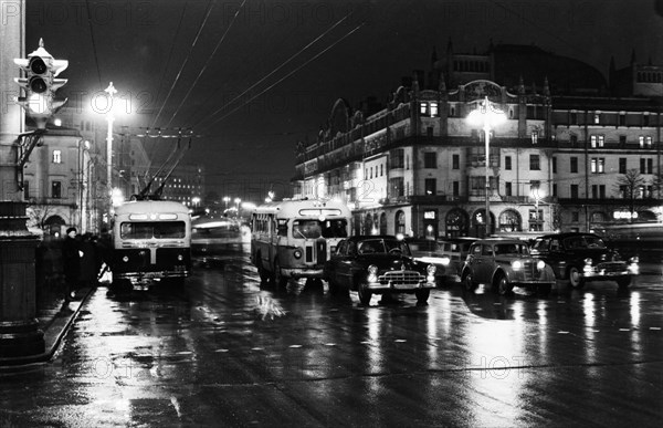 Sverdlov square at night, moscow, ussr, december 1956.