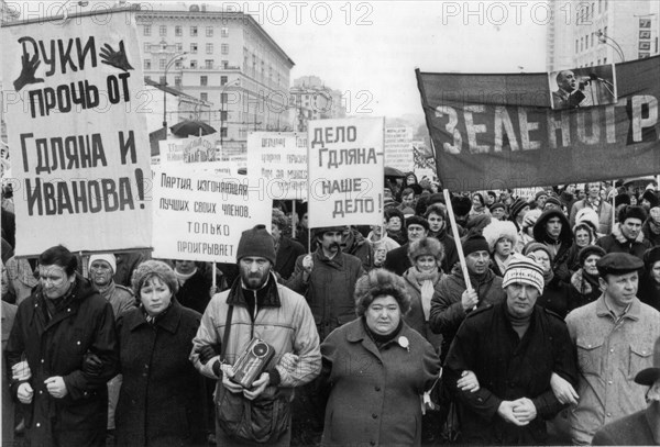 Protestors in authorized pro-democracy demonstration in moscow, ussr, february 1990, at a rally in garden ring.