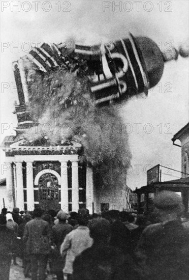 Belfry of the christmas church (russian orthodox) in city of murom, ussr, is blown up by the soviet authorities in 1929, anti-religion policy.