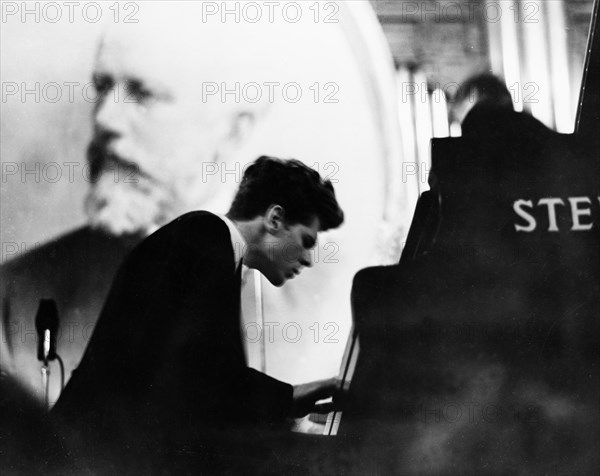 American pianist van cliburn performing a tchaikovsky concerto during the third round of the tchaikovsky international violin and piano competition, from which he walked away with the first prize, april 14, 1958.