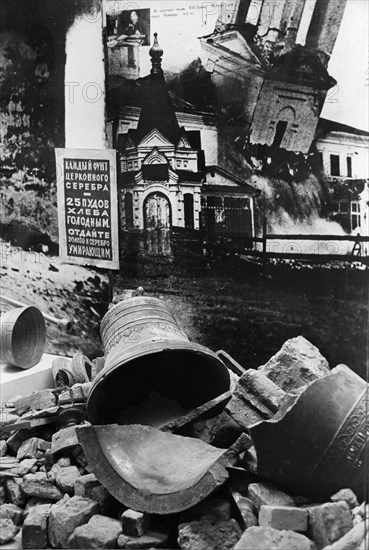 A display depicting the persecution of the church during the post-revolutionary period in russia, the poster reads 'every pound of church silver is worth 25 poods (old russian weight measure - aprox, 410 kg) of bread for the hungry, give the gold and silver to the dying,' this was part of an exhibition, held in vladimir in june, 1991.