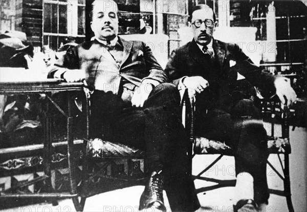 Choreographer and russian theater, dance, and art impresario, sergei diaghilev with composerigor stravinsky, whose ballets were staged by diaghilev's company during the 'russian seasons', september 1921.