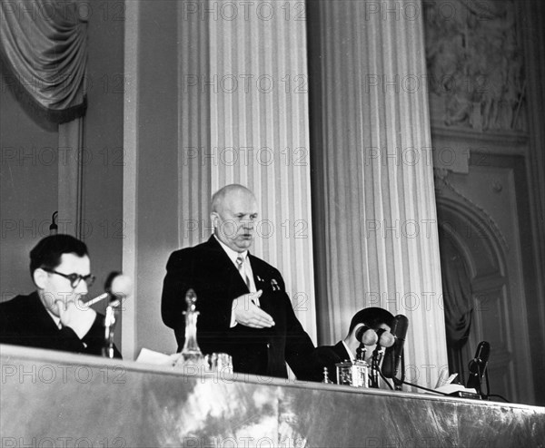 Nikita khrushchev, chairman of the ussr council of ministers, speaking at a press conference for soviet and foreign correspondents at the kremlin, march 19, 1959.