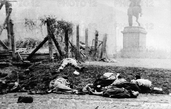 Dead bodies lying in the streets of budapest, hungary after the uprisings of 1956.