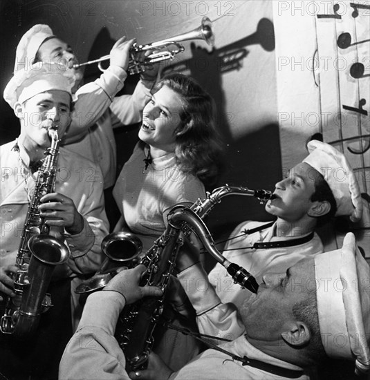 Soviet amateur jazz band with singer, tamara evgrafova, moscow, may 1959.