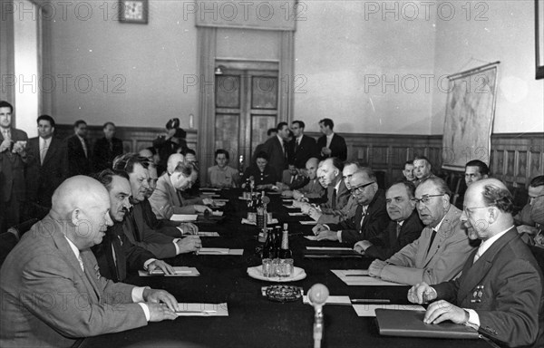 Nikita khrushchev and walter ulbricht at the kremlin during a meeting between the leaders of the ussr communist party and government and the members of the gdr party-government delegation, june 9, 1959.