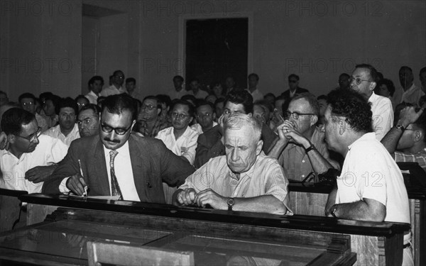 Soviet scientist igor tamm (front row, second from right) at international conference on high energy physics in kiev, ukrainian ssr, 1959.