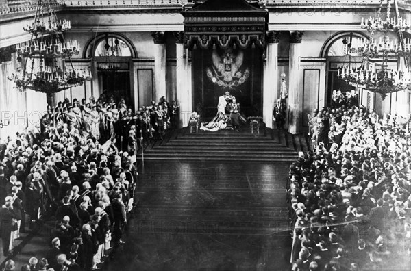 Tsar nicholas ll during the throne speech at the ceremonial opening of the state council and the state duma in the imperial winter palace on april 27,1906.