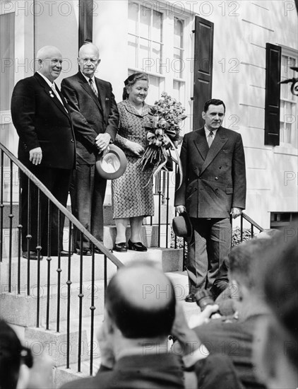 Left to right: nikita khrushchev, chairman of ussr council of ministers, dwight d, eisenhower, president of the united states, mrs, khrushchev, and ussr foreign minister andrey gromyko, washington d,c,, usa, september 1959, khrushchev visit to us.