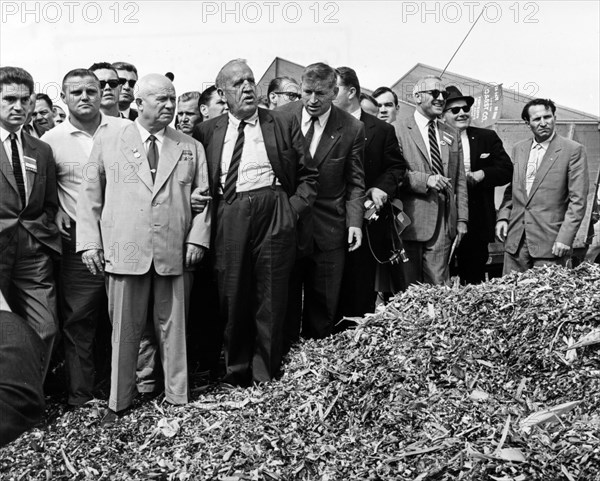 Nikita khrushchev, chairman of the ussr council of ministers, visiting the united states at the invitation of president eisenhower in september 1959, this picture was taken during his visit to the farm of r, gurst of iowa.
