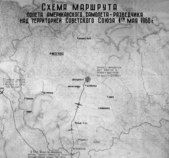 Map showing flight path of american u2 spy plane shot down over soviet territory on may 1, 1960.