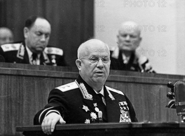 Nikita khrushchev, first secretary of the cpsu central committee and chairman of the ussr council of ministers, speaking at a meeting at the grand kremlin palace in honor of the 20th anniversary of the beginning of the great patriotic war of the soviet union (1941-1945), june 21, 1961.