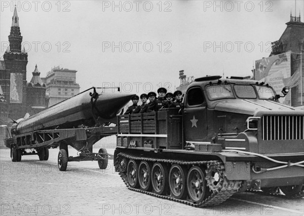 Sandal (ss-4) missiles being pulled by a personnel carrier tractor at a 1962 may day parade in red square, moscow, ussr, the ss-4 is a single-stage, liquid-fuel irbm with a choice of nuclear or conventional warheads and a range of 1,100 miles, first seen in 1961.