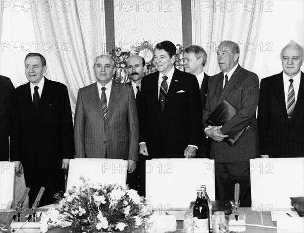 Mkhail gorbachev and ronald reagan, prior to their talks in moscow's kremlin on may 30, 1988.