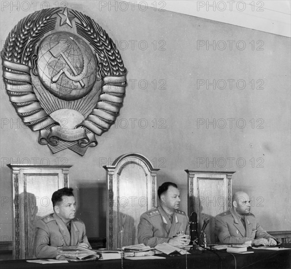 Penkovsky-wynne spy trial, may 1963, (left to right) people's assessor s,k, marasakov, chief judge v,v, borisoglebsky, and people's assessor i,s, tzigankov.