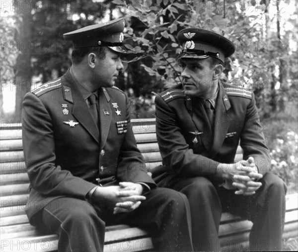 Yuri gagarin and vladimir komarov in the cosmonauts' 'star town', komarov was commander of the soyuz 1 space mission.