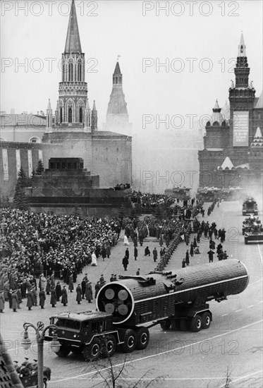 Military parade commemorating the 47th anniversary of the october revolution in moscow's red square, november 7, 1964, 'these giant sized rockets for anti-rocket attack can destroy any ballistic rocket of the aggressor at great distance from any object under attack,'.