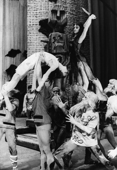 A scene from igor stravinsky's ballet rites of spring, bolshoi theatre production, moscow, ussr, june 1965, featuring n, kasatkina (r) and n, sorokina (l).