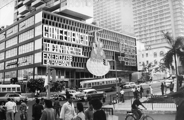 Havana, cuba, 1965, signs for the forthcoming 1966 conference of three continents (conference of solidarity of people of asia, africa and latin america).