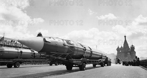 Nato-designated scrag (liquid fueled 3 stage icbm) ballistic missiles during a military parade in red square, moscow, ussr, may 1, 1967.