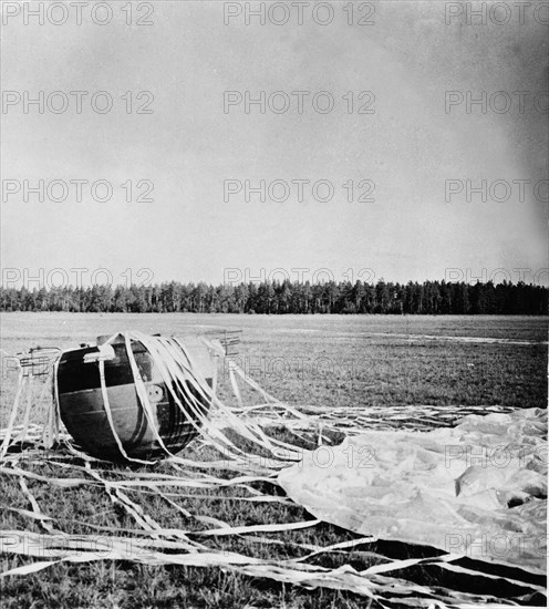 The landing capsule of the soviet space probe venera 4 after a successful test of it's landing systems, 1967.