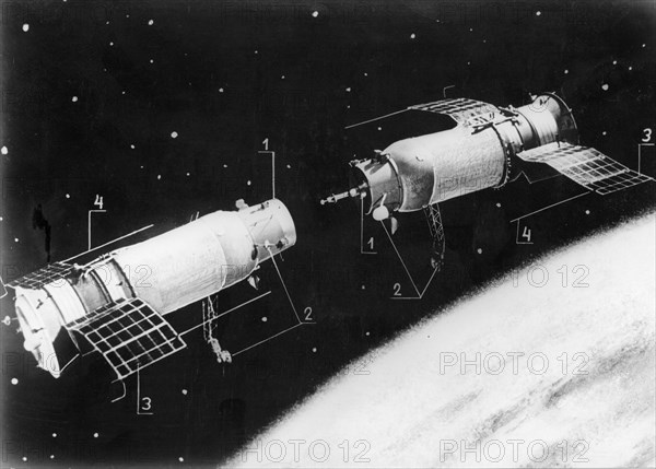 Soviet unmanned spacecraft kosmos 186 and kosmos 188 , the two craft approaching to link up (artist's representation), 1, link up units, 2, direction-finding aerials 3, solar batteries 4, radiocomplex aerials, year: 1967.