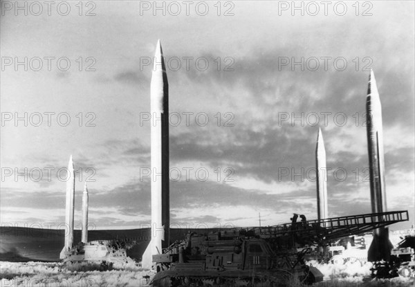 Scud a (ss1b) medium range tactical missiles in firing positions during training exercises, ussr, february 1968.