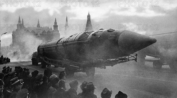 A three stage, liquid fueled icbm (scrag) in a november 7th military parade in red square in honor of the 51st anniversary of the great october revolution, moscow, ussr, 1968.