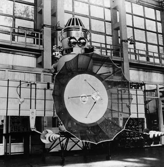 Soviet space probe venera 5 or 6 in the assembly and testing shop prior to it's launch in january of 1969.