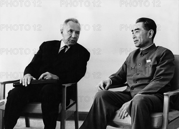 Chairman of the ussr council of ministers a,n, kosygin meeting with the premier of the people's republic of china state council zhou enlai in peking (beijing), china on september 11, 1969, the meeting took place during a stop while on his way back from the democratic republic of vietnam to moscow.