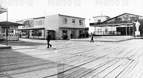 The 'downtown' section of neftyanye kamni (oil rocks), an oil workers settlement on the caspian sea in azerbaijan, ussr, march 1970.