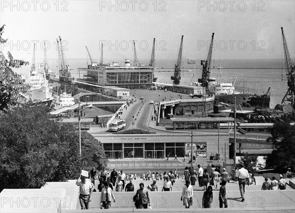 A view down the potemkin steps of the seaport in odessa, ukrainian ssr, 1970.